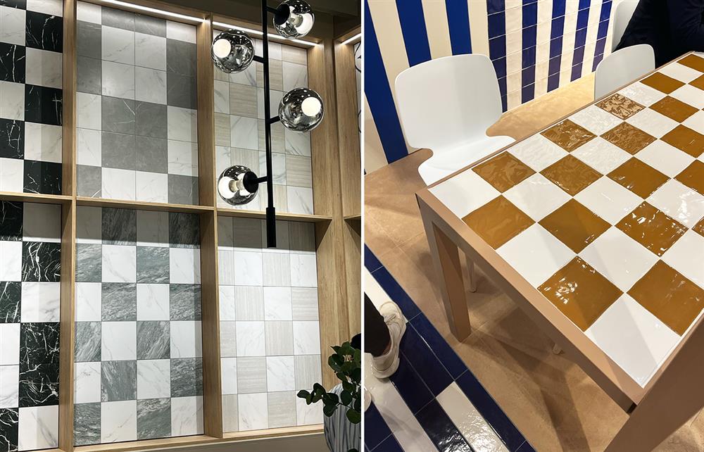 (Left) Black and white checkerboard wall tiles, (Right) Gold and white checkerboard tabletop tiles